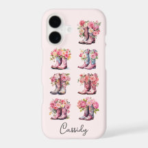 Botas de Cowgirl Rosa com Flores Monogramadas