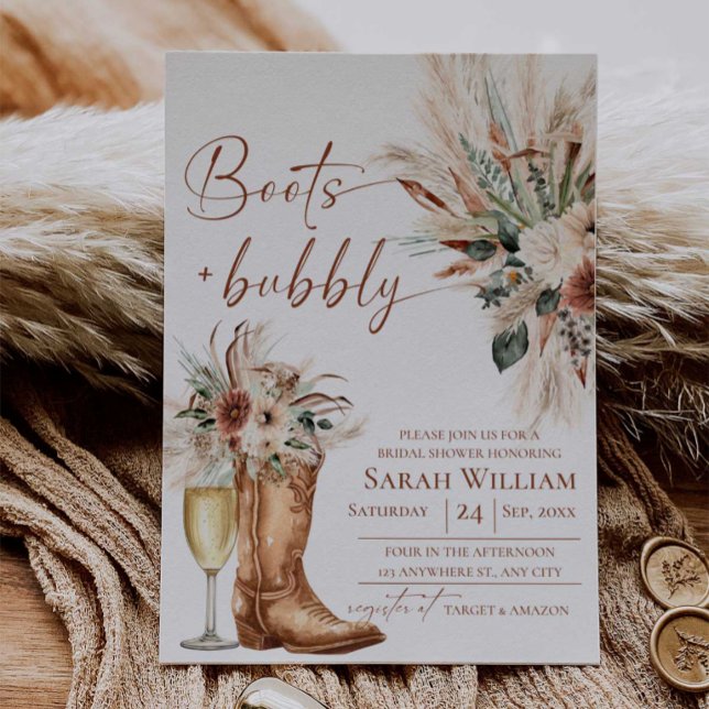 Botas e Espumante Convite de Chá de Noiva Rústico (Boots and Bubbly Bridal Shower Invitation | Rustic Western Boho Terracotta)