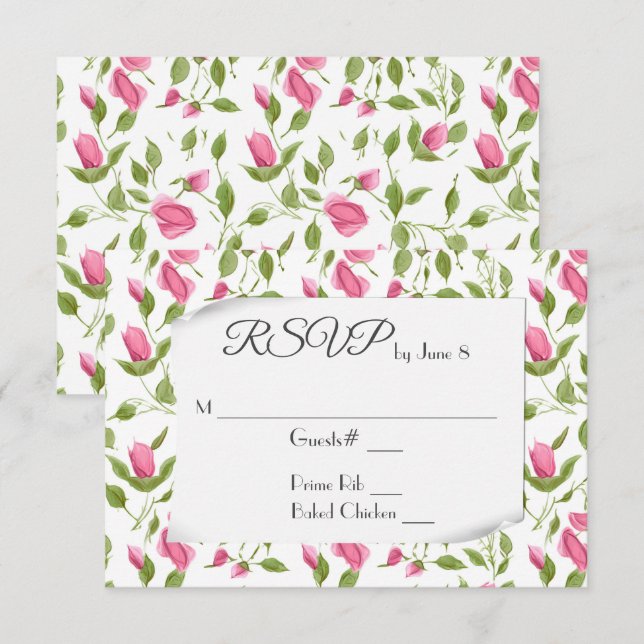 Botões de Rosa Rosa em RSVP de Casamento Branco (Frente/Verso)
