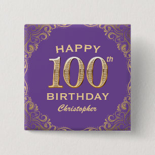 Bóton Quadrado 5.08cm 100ª Festa de aniversário Roxo e Dourado quadro de