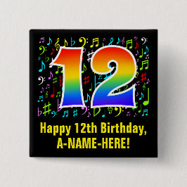 Bóton Quadrado 5.08cm 12 Aniversário: Símbolos Musicais Coloridos, Rainb