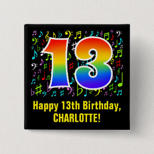 Bóton Quadrado 5.08cm 13 Aniversário: Símbolos Musicais Coloridos, Rai