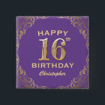 Bóton Quadrado 5.08cm 16.ª Festa de aniversário Roxo e Dourada imagem de<br><div class="desc">16º Botão de quadro de Festa de aniversário roxo e brilhante Dourado. Para mais personalização,  clique no botão "Personalizar" e use nossa ferramenta de design para modificar este modelo.</div>