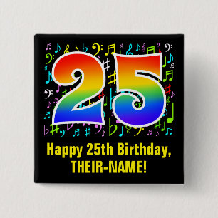 Bóton Quadrado 5.08cm 25 Aniversário: Símbolos Musicais Coloridos, Rainb