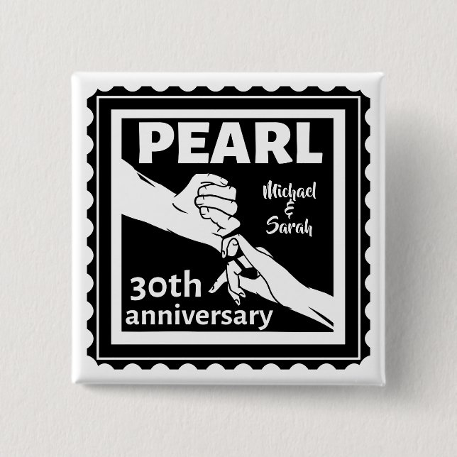 Bóton Quadrado 5.08cm 30 de aniversário de casamento romântico branco e  (Frente)