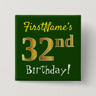 Bóton Quadrado 5.08cm 32º Aniversário Verde, Faux Dourado, Com Nome Pe