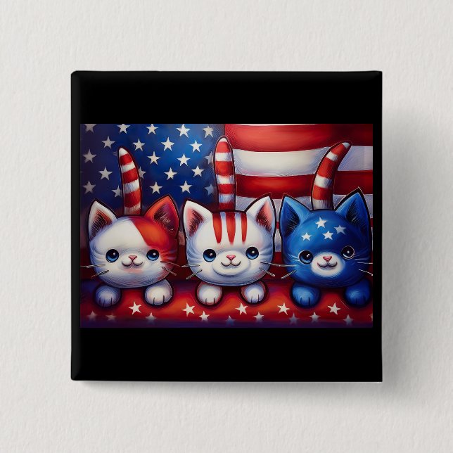 Bóton Quadrado 5.08cm 3 Patriotic Kittens With American Flag (Frente)