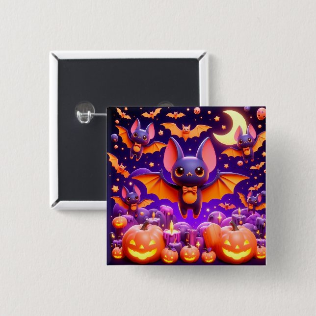 Bóton Quadrado 5.08cm 3D bats pumpkins halloween (Frente & Verso)