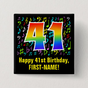 Bóton Quadrado 5.08cm 41st Birthday: Colorful Music Symbols, Rainbow 41