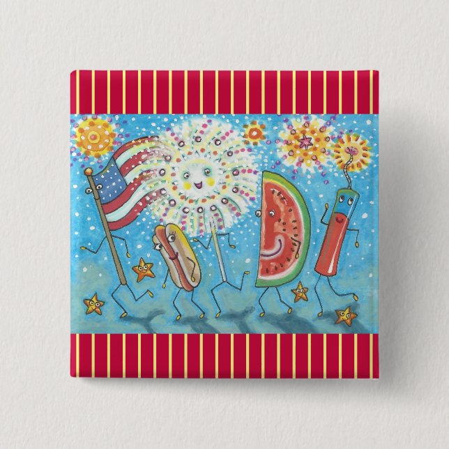 Bóton Quadrado 5.08cm 4 DE JULHO GANG & FIREWORKS BUTTON Square (Frente)