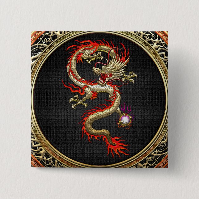 Bóton Quadrado 5.08cm [500] Dragão chinês Ouro Fucanglong (Frente)