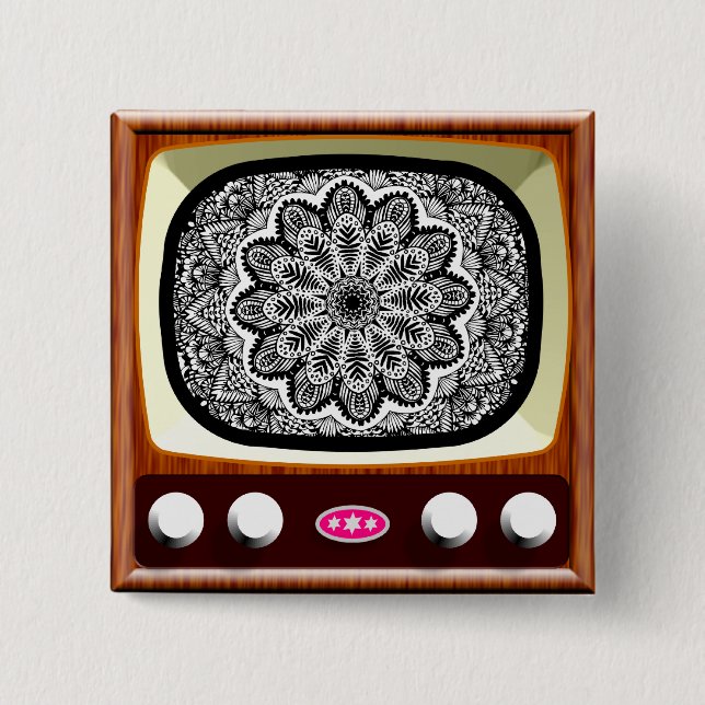 Bóton Quadrado 5.08cm 50 TV em preto e branco (Frente)