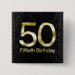 Bóton Quadrado 5.08cm 50th Aniversário, encanto Dourado preto elegante