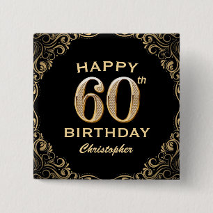 Bóton Quadrado 5.08cm 60ª Festa de aniversário, Preto e Dourado quadro c