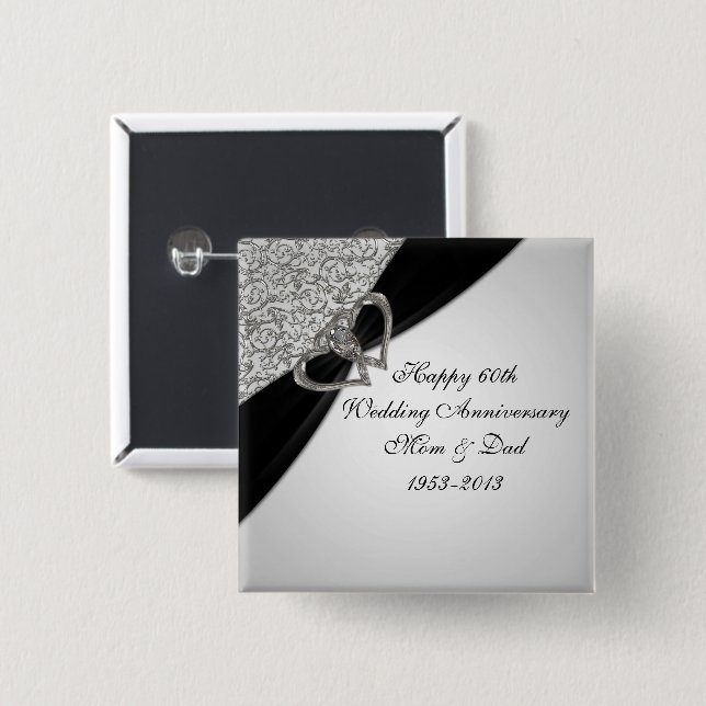 Bóton Quadrado 5.08cm 60th Botão do aniversário de casamento (Frente & Verso)