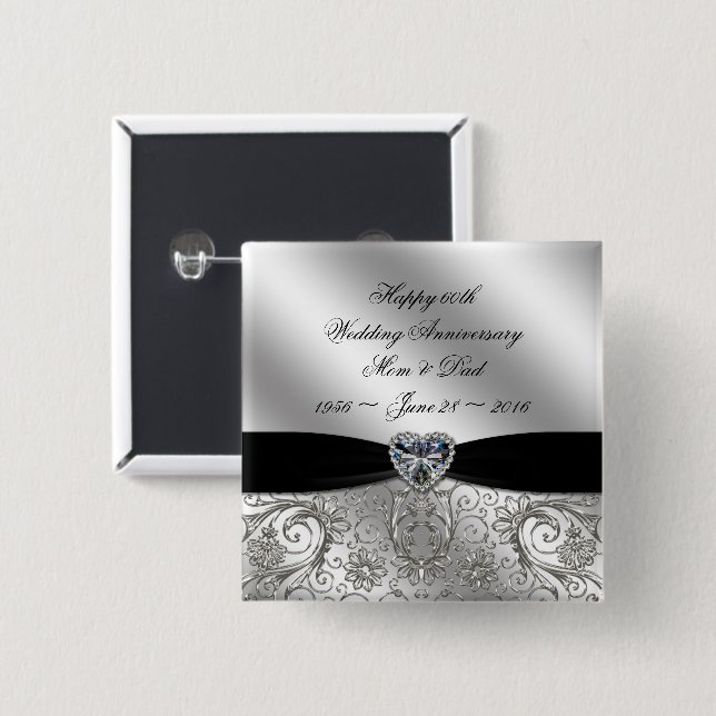 Bóton Quadrado 5.08cm 60th Botão do aniversário de casamento do diamante (Frente & Verso)