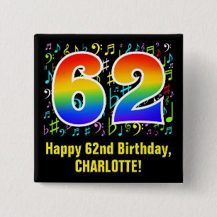 Bóton Quadrado 5.08cm 62º Aniversário: Símbolos Musicais Coloridos, Rain