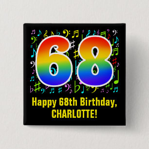 Bóton Quadrado 5.08cm 68.o aniversário: Símbolos Musicais Coloridos, Rai