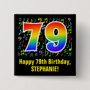 Bóton Quadrado 5.08cm 79.o aniversário: Símbolos Musicais Coloridos, Rai