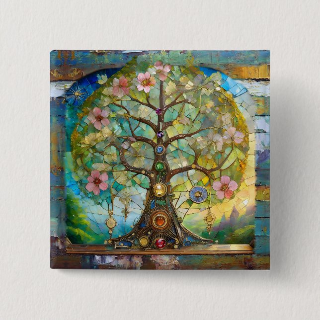 Bóton Quadrado 5.08cm 7 Chakra Blossoming Tree Of Life (Frente)