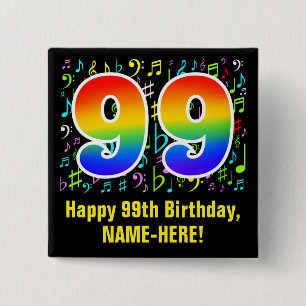 Bóton Quadrado 5.08cm 99º Aniversário: Símbolos Musicais Coloridos, R