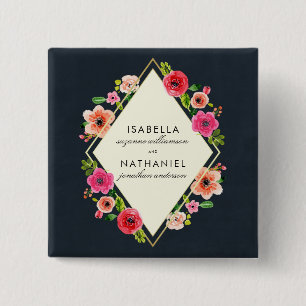 Bóton Quadrado 5.08cm A aguarela elegante floresce o casamento Dourado