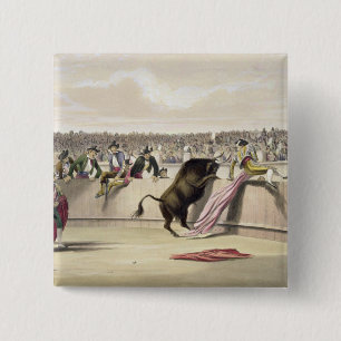 Bóton Quadrado 5.08cm A Bull que pula as barreiras, 1865 (litho da cor)