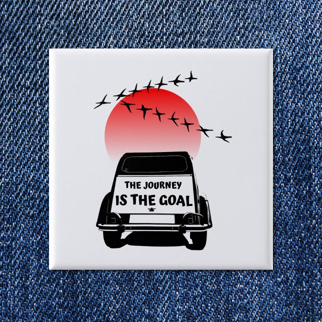 Bóton Quadrado 5.08cm A jornada é o objetivo Sunset - Vidtimer 2CV (2CV Button in White with a Red Sunset and Birds Illustration)