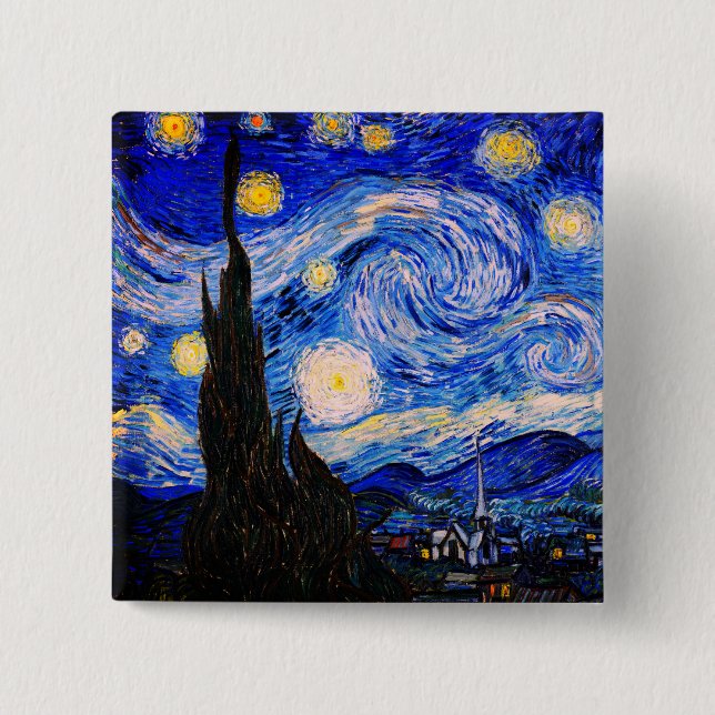 Bóton Quadrado 5.08cm A Noite Estrelada de Vincent Van Gogh (Frente)