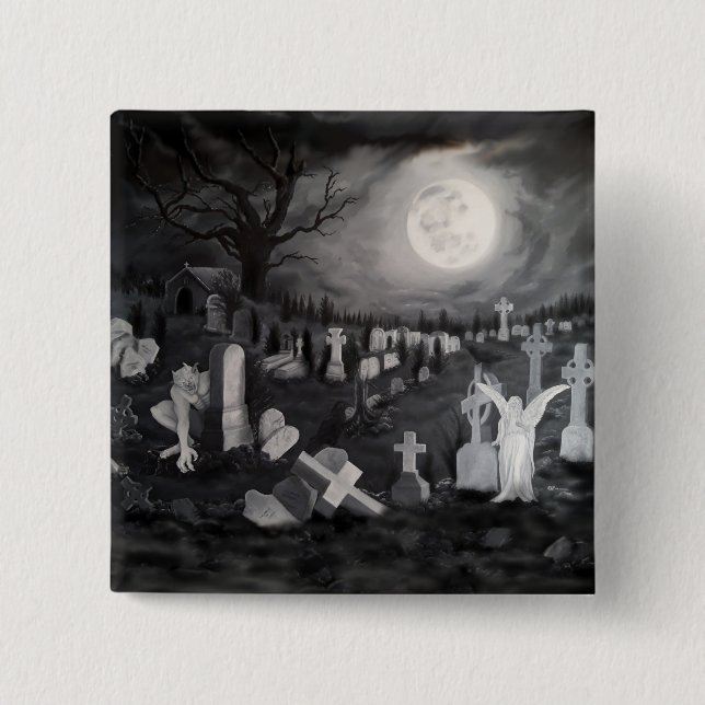 Bóton Quadrado 5.08cm À noite no cemitério - Anjo com o Diabo (Frente)
