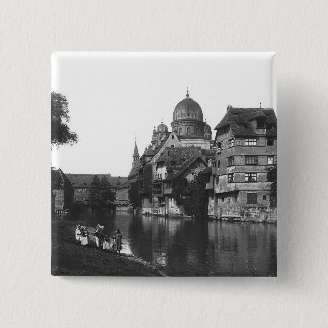 Bóton Quadrado 5.08cm A sinagoga em Nuremberg, c.1910 (Frente)