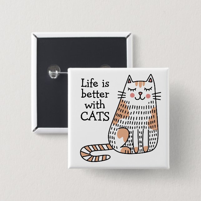 Bóton Quadrado 5.08cm A Vida É Melhor Com Doodle de Gatos (Frente & Verso)