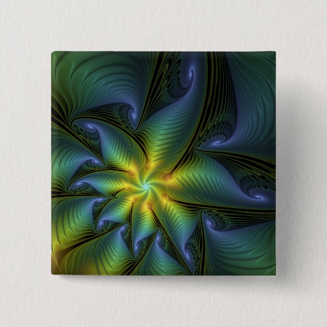 Bóton Quadrado 5.08cm Abstract Star, Shiny Blue Green Golden Fractal Art (Frente)