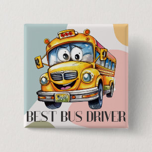 Bóton Quadrado 5.08cm Adorável Motorista de Ônibus Escolar Amarelo Desen
