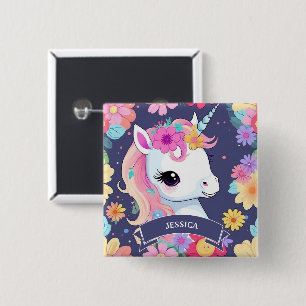 Bóton Quadrado 5.08cm Adorável White Baby Unicorn com Flores