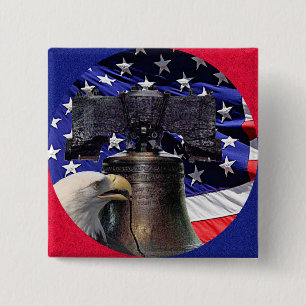 Bóton Quadrado 5.08cm Águia Bald Americana, Bell e Flag