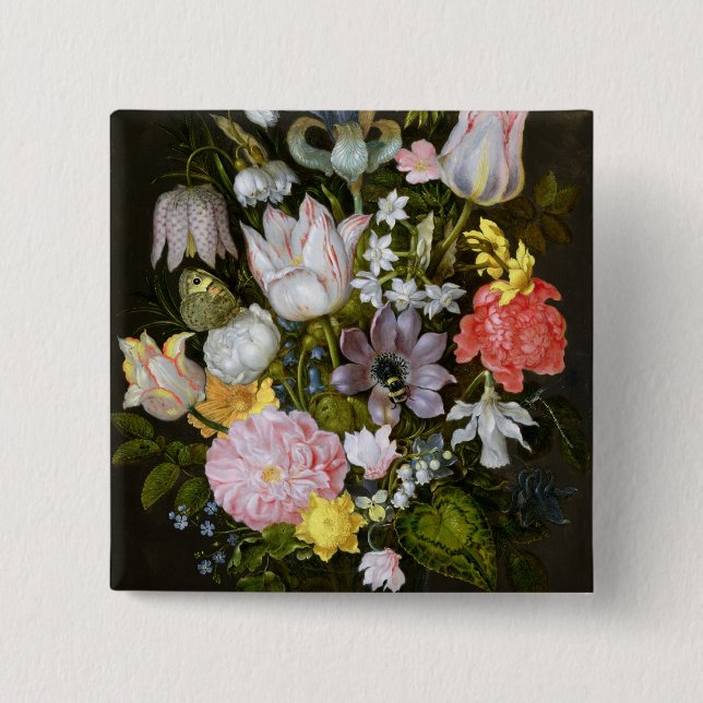 Bóton Quadrado 5.08cm Ainda vida com flores (Frente)