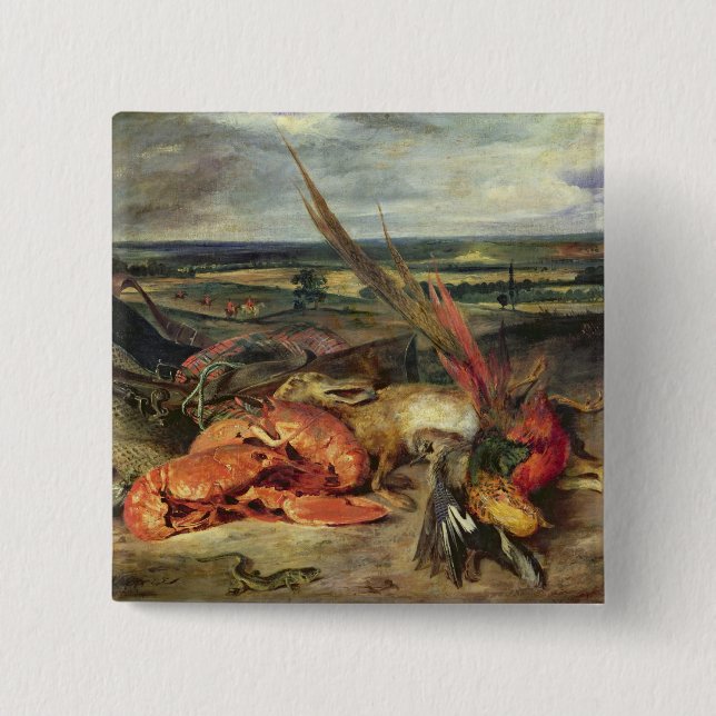 Bóton Quadrado 5.08cm Ainda vida com lagostas, 1826-27 (Frente)