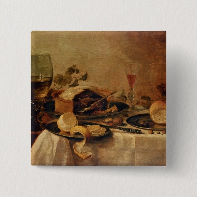 Bóton Quadrado 5.08cm Ainda vida com torta da fruta, 1635 (Frente)