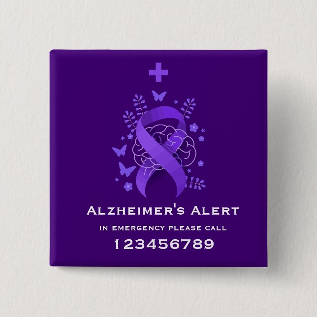 Bóton Quadrado 5.08cm Alerta de Doença de Alzheimer Roxo (Frente)