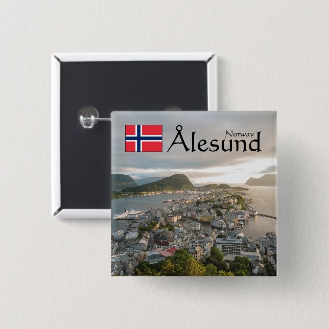 Bóton Quadrado 5.08cm Alesund Norway Souvenir (Frente & Verso)