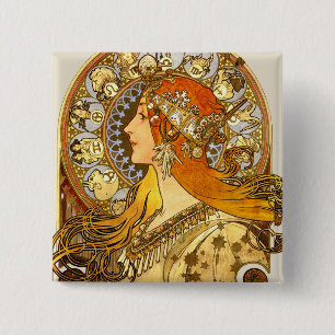 Bóton Quadrado 5.08cm Alfonse Mucha Zodiac Art Nouveau Mulher