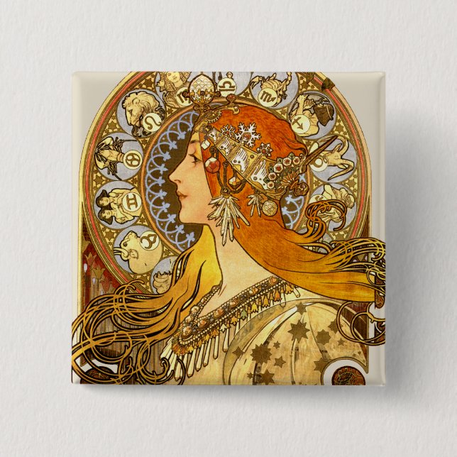 Bóton Quadrado 5.08cm Alfonse Mucha Zodiac Art Nouveau Mulher (Frente)