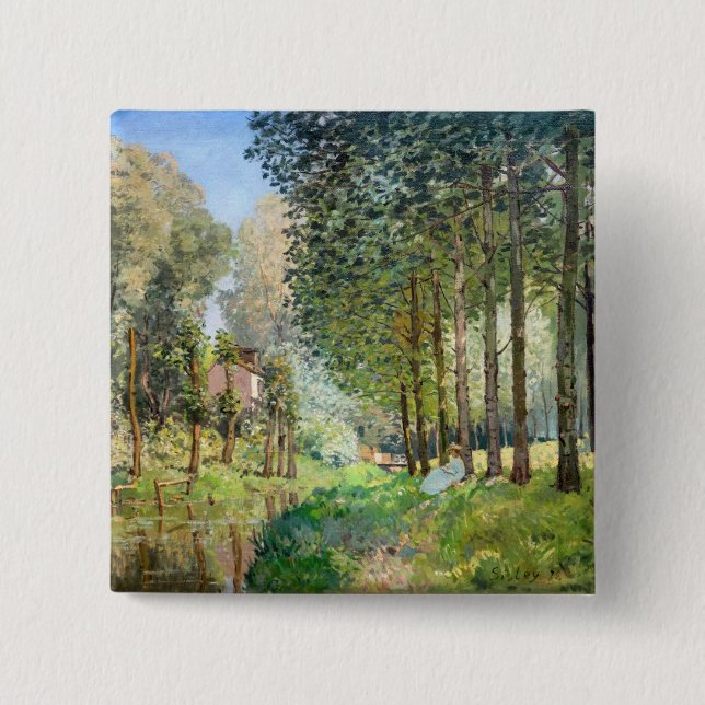 Bóton Quadrado 5.08cm Alfred Sisley - Descanse ao longo da Corrente (Frente)