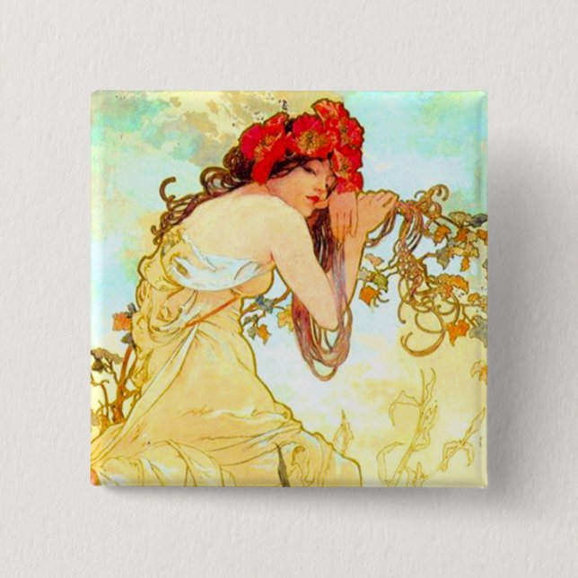 Bóton Quadrado 5.08cm Alphonse Mucha Art Nouveau Summer (Frente)