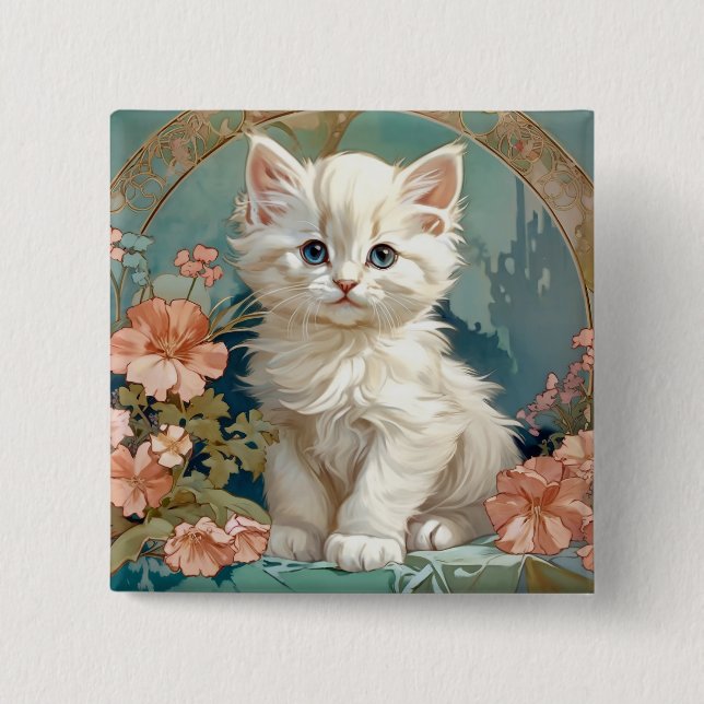 Bóton Quadrado 5.08cm Alphonse Mucha Style White Cat (Frente)