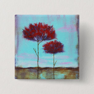 Bóton Quadrado 5.08cm Amado, árvores do vermelho da paisagem da arte