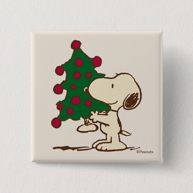 Bóton Quadrado 5.08cm Amendoins | Árvore de Natal de Snoopy (Frente)