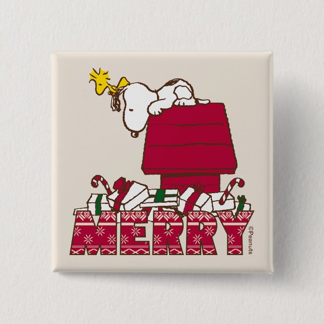 Bóton Quadrado 5.08cm Amendoins | Snoopy & Woodstock Feliz Ugly Sweater (Frente)
