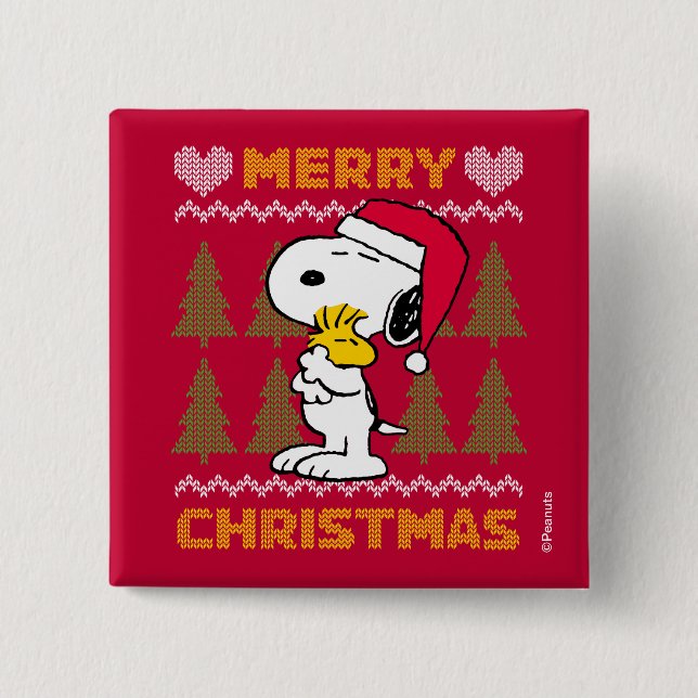 Bóton Quadrado 5.08cm Amendoins | Snoopy & Woodstock Santa Claus Hug (Frente)
